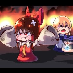 Rule 34 | &gt; &lt;, 3girls, :i, absurdres, bandaid, bandaid on head, black hair, blonde hair, bow, braid, brown hair, closed eyes, closed mouth, commentary request, cookie (touhou), crossed bandaids, crying, detached sleeves, dress, fang, fire, frilled hair tubes, frills, full body, hair bow, hair tubes, hakurei reimu, highres, kirisame marisa, letterboxed, long hair, manatsu no yo no inmu, multiple girls, necktie, open mouth, protecting, psychic parrot, puffy cheeks, purple bow, purple dress, red bow, red dress, sakenomi (cookie), scratches, shunga youkyu, side braid, single braid, takuya (acceed), torn clothes, torn necktie, touhou, uzuki (cookie), white sleeves, yellow necktie, yukkuri shiteitte ne