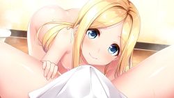 Rule 34 | 1boy, 1girl, agnes avril, ass, blonde hair, blue eyes, blush, breasts, bulge, closed mouth, collarbone, completely nude, game cg, go-1, hetero, indoors, long hair, looking at viewer, nipples, nude, otome to fureau hitotsu yane no shita, parted bangs, pov, small breasts, smile, straight hair