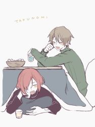 Rule 34 | 2boys, blush, bowl, brown hair, commentary request, cup, drink, hair over one eye, hand on own cheek, hand on own face, holding, holding cup, kotatsu, long sleeves, lying, maco22, male focus, multiple boys, on stomach, open mouth, original, pillow, red hair, short hair, sitting, smile, sweater, table