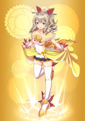 Rule 34 | 1girl, alternate costume, anchor, blonde hair, blue eyes, boots, breasts, brown hair, cleavage, collarbone, dress, frills, full body, hair between eyes, hair ornament, hair ribbon, hatakaze (kancolle), heartcatch precure!, kantai collection, looking at viewer, magical girl, medium breasts, moke ro, ponytail, precure, red ribbon, ribbon, showgirl skirt, skirt hold, smile, solo, sparkle, thighhighs, white thighhighs, yellow background, yellow dress
