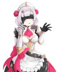 Rule 34 | 1girl, apron, armor, blindfold, braid, braided bangs, breasts, dorongbug, flower, flying sweatdrops, genshin impact, hair flower, hair ornament, hands up, maid, maid apron, medium breasts, nier:automata, nier (series), noelle (genshin impact), open mouth, rose, short hair, silver hair, simple background, solo, upper body, white background