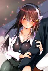 Rule 34 | 10s, 1boy, 1girl, absurdres, alternate costume, black dress, black jacket, black shirt, black skirt, blouse, blush, breasts, cleavage, collarbone, dress, hair ornament, hairclip, haruna (kancolle), headband, highres, holding another&#039;s arm, jacket, kantai collection, large breasts, long sleeves, looking at another, open clothes, open jacket, orange eyes, pavement, pleated skirt, road, shirt, skirt, smile, tsukui kachou, walking, white jacket
