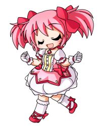 Rule 34 | 10s, 1girl, :d, bad id, bad pixiv id, blush, chibi, closed eyes, dress, gloves, kaname madoka, magical girl, mahou shoujo madoka magica, mahou shoujo madoka magica (anime), open mouth, pink dress, pink eyes, pink hair, puffy short sleeves, puffy sleeves, shinjitsu, short sleeves, short twintails, smile, solo, twintails, white background, white gloves