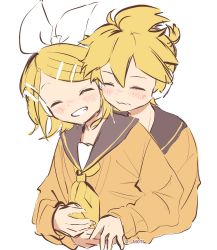 Rule 34 | 1boy, 1girl, arms around waist, black collar, blonde hair, bow, closed eyes, collar, commentary, grin, hair bow, hair ornament, hairclip, headphones, highres, hug, hug from behind, kagamine len, kagamine rin, light blush, m0ti, neckerchief, orange sweater, sailor collar, short hair, short ponytail, sketch, smile, spiked hair, sweater, swept bangs, twitter username, upper body, vocaloid, wavy mouth, white background, white bow, yellow neckerchief
