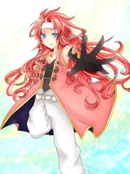 Rule 34 | 00s, 1boy, belt, blue eyes, gem, gloves, gradient background, headband, long hair, male focus, reaching, reaching towards viewer, red hair, solo, tales of (series), tales of symphonia, white background