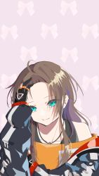 Rule 34 | 1girl, ahoge, blue eyes, blue jacket, brown hair, dog tags, forehead, gloves, hand on own forehead, highres, hololive, jacket, long hair, natsuiro matsuri, natsuiro matsuri (gaming casual), off-shoulder shirt, off shoulder, open clothes, open jacket, orange shirt, parted bangs, partially fingerless gloves, pink background, sato forest, shirt, solo, upper body, virtual youtuber
