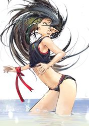Rule 34 | 1girl, alf874, arched back, bad id, bad pixiv id, bare shoulders, black hair, closed eyes, commentary request, crop top, earrings, elf, green hair, highres, hoop earrings, jewelry, leaning forward, long hair, midriff, multicolored hair, navel, open mouth, original, pointy ears, profile, ribbon, shirt, short shorts, shorts, sleeveless, sleeveless shirt, solo, wading, water, wrist ribbon