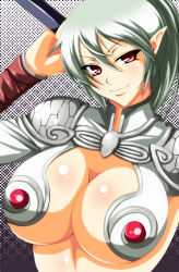 Rule 34 | 00s, 1girl, armor, bad id, bad pixiv id, breasts, cleavage, echidna (queen&#039;s blade), elf, huge breasts, iwamoto eiri, pointy ears, ponytail, queen&#039;s blade, red eyes, silver hair, smile, solo