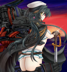 Rule 34 | 10s, 1girl, black hair, breasts, cape, eyepatch, gloves, kantai collection, kiso (kancolle), large breasts, okiraku nikku, solo, sword, underboob, weapon, yellow eyes