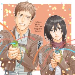 Rule 34 | 1boy, 1girl, black hair, brown hair, closed mouth, commentary request, highres, holding, holding party popper, indigo t jm, jean kirstein, long sleeves, looking at viewer, mikasa ackerman, military uniform, multicolored hair, party popper, shingeki no kyojin, short hair, smile, teeth, translation request, two-tone hair, uniform