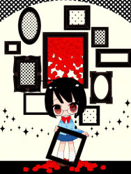 Rule 34 | 1girl, black hair, durarara!!, eriko (chika), flower, glasses, picture frame, ribbon, rose, school uniform, skirt, solo, sonohara anri