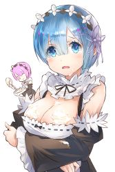 Rule 34 | 10s, 2girls, ;), alternate breast size, apron, arm garter, black bow, blue eyes, blue hair, blush, bow, bowl, breast hold, breasts, bust cup, chibi, cleavage, closed mouth, colored eyelashes, cream, cream on face, detached sleeves, dress, dripping, eyebrows, eyelashes, food, food on body, food on face, hair ornament, hair over one eye, hair ribbon, hairband, highres, holding, large breasts, looking at viewer, maid, mayonnaise, mixing bowl, multiple girls, neck ribbon, one eye closed, open mouth, pink eyes, pink hair, purple ribbon, ram (re:zero), re:zero kara hajimeru isekai seikatsu, rem (re:zero), ribbon, ribbon trim, sexually suggestive, short hair, siblings, simple background, sisters, smile, sweat, twins, underbust, upper body, waist apron, whisk, white apron, white background, x hair ornament, yaeko