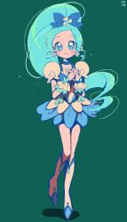 Rule 34 | 1girl, alternate color, blue choker, blue eyes, blue hair, blush, boots, choker, commentary request, cure blossom, earrings, flower earrings, full body, green background, hanasaki tsubomi, heartcatch precure!, high ponytail, jewelry, korean commentary, long hair, magical girl, maub pencil, own hands clasped, own hands together, precure, puffy short sleeves, puffy sleeves, short sleeves, smile, solo