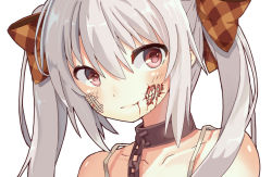 Rule 34 | 1girl, bandages, bandage on face, blood, blood from mouth, chain, collar, collarbone, glasgow smile, grey hair, hair ribbon, injury, lolcat (wng0623), original, plaid, plaid ribbon, portrait, red eyes, ribbon, smile, solo, spaghetti strap, teeth, twintails