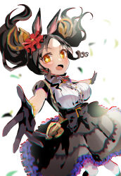 Rule 34 | + +, 1girl, absurdres, animal ears, black gloves, black hair, blush, breasts, center frills, commentary request, cowboy shot, fang, frills, gloves, hair ornament, highres, horse ears, horse girl, huge breasts, large breasts, long hair, looking at viewer, marvelous sunday (umamusume), nikotomiko025, open mouth, outstretched arm, partial commentary, puffy short sleeves, puffy sleeves, short sleeves, simple background, skin fang, solo, thighs, twintails, umamusume, v, white background, yellow eyes