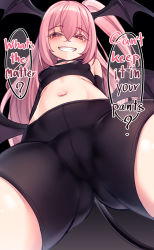 Rule 34 | 1girl, absurdres, bike shorts, black choker, black shorts, black sports bra, blush, breasts, cameltoe, choker, demon tail, demon wings, english text, from below, greenopi, grin, head wings, highres, lin (greenopi), long hair, looking at viewer, looking down, navel, original, pink hair, pointy ears, red eyes, shorts, small breasts, smile, solo, speech bubble, sports bra, tail, underwear, underwear only, wings