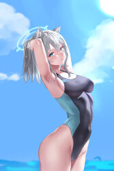 Rule 34 | 1girl, absurdres, animal ear fluff, animal ears, arched back, black one-piece swimsuit, blue archive, blue eyes, blue sky, breasts, cloud, competition swimsuit, covered navel, cowboy shot, cross hair ornament, extra ears, grey hair, hair ornament, halo, highleg, highleg swimsuit, highres, holding, holding hair, horizon, looking at viewer, low ponytail, medium breasts, medium hair, mismatched pupils, multicolored clothes, multicolored swimsuit, official alternate costume, one-piece swimsuit, shiroko (blue archive), shiroko (swimsuit) (blue archive), sky, solo, standing, swimsuit, water, wolf ears, yosshi master
