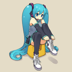 Rule 34 | 1girl, blue eyes, blue hair, chan co, converse, full body, hatsune miku, highres, long hair, matching hair/eyes, putting on shoes, shoes, sitting, sneakers, solo, stool, thighhighs, twintails, very long hair, vocaloid