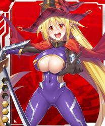 Rule 34 | 1girl, akiyama rinko (cosplay), asahi, blonde hair, blush, bodysuit, breasts, cape, card (hr), card (medium), card (red-hr), cleavage, cleavage cutout, clothing cutout, cosplay, curvy, female focus, hat, huge breasts, lilith-soft, long hair, looking at viewer, magical girl lilith, open mouth, pointy ears, red eyes, shiny skin, simple background, smile, solo, standing, sword, taimanin (series), taimanin asagi battle arena all card gallery, taimanin asagi kessen arena, taimanin yukikaze, very long hair, weapon, witch hat