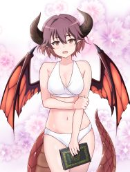 Rule 34 | 1girl, :o, bad id, bad pixiv id, bikini, book, breasts, cleavage, commentary request, dragon horns, dragon tail, dragon wings, floral background, grea (shingeki no bahamut), holding, holding book, horns, looking at viewer, manaria friends, medium breasts, navel, pointy ears, purple eyes, purple hair, sabakannega (negamaru-2000), shingeki no bahamut, short hair, solo, swimsuit, tail, white bikini, wings