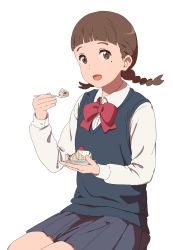 Rule 34 | 10s, 1girl, absurdres, blouse, blue skirt, blunt bangs, braid, brown eyes, brown hair, cake, collared shirt, eating, food, fork, fruit, highres, holding, holding fork, holding plate, kimi no na wa., legs together, long sleeves, looking at viewer, mole, mole under eye, natori sayaka, open mouth, plate, pleated skirt, school uniform, shirt, simple background, sitting, skirt, smile, solo, strawberry, sweater vest, twin braids, white background, white shirt, youmak