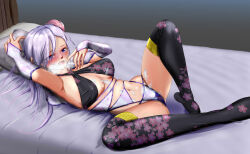 Rule 34 | 1girl, alternate costume, bed, fate/grand order, fate (series), miyamoto musashi (fate), miyamoto musashi (fate/grand order), miyamoto musashi (swimsuit berserker) (fate), miyamoto musashi (swimsuit berserker) (third ascension) (fate), official alternate costume, white hair