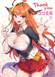 Rule 34 | 1girl, ahoge, black jacket, blonde hair, blunt bangs, bow, braid, breasts, brooch, brown hairband, character name, cleavage, cleavage cutout, clothing cutout, collared shirt, commentary, commentary request, cowboy shot, diagonal-striped bow, dragon girl, dragon horns, dragon tail, english commentary, english text, fangs, gem, hair intakes, hairband, halftone, halftone background, hands up, highres, hololive, horn bow, horn ornament, horns, jacket, jewelry, kiryu coco, kiryu coco (1st costume), large breasts, light blush, long hair, looking at viewer, miniskirt, mixed-language commentary, multicolored eyes, multicolored hair, oopartz yang, open mouth, orange hair, outline, pleated skirt, pointy ears, purple eyes, red eyes, red skirt, shirt, side-tie skirt, sidelocks, skin fangs, skirt, solo, standing, streaked hair, striped, striped bow, tail, thank you, thumbs up, virtual youtuber, waving, white outline, white shirt