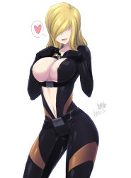 Rule 34 | 1girl, blonde hair, bodysuit, breast suppress, breasts, butter-t, capcom, center opening, cleavage, cowboy shot, hair over eyes, hair over face, heart, large breasts, navel, rachael foley, resident evil, resident evil: revelations, simple background, smile, solo, spoken heart