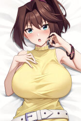 Rule 34 | 1girl, absurdres, alternate breast size, bed sheet, belt, blue eyes, blush, bracelet, breasts, brown hair, commentary request, curvy, dakimakura (medium), hair between eyes, hair intakes, highres, jewelry, kannko bokujou, large breasts, long hair, looking at viewer, lying, mazaki anzu, on back, open mouth, ponytail, shirt, short hair, sleeveless, sleeveless shirt, solo, upper body, yellow shirt, yu-gi-oh!, yu-gi-oh! the dark side of dimensions