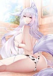 Rule 34 | 1girl, absurdres, animal ears, animal print, ass, azur lane, bare arms, bare shoulders, bikini, breasts, butt crack, commentary request, covering privates, covering breasts, cow print, fox ears, fox tail, highres, large breasts, long hair, looking at viewer, purple eyes, samip, shinano (azur lane), sitting, solo, swimsuit, tail, thighs, very long hair, white bikini, white hair