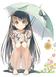 Rule 34 | 1girl, barefoot, blush, brown hair, closed mouth, flower, hair flower, hair ornament, highres, holding, holding umbrella, kantoku, long hair, looking at viewer, original, own hands together, panties, pantyshot, plaid, plaid skirt, simple background, sitting, skirt, smile, solo, tagme, umbrella, underwear, white background, yellow eyes