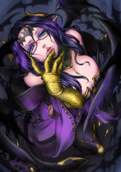 Rule 34 | 1girl, artist request, bare shoulders, bat (animal), bat wings, black hair, blue eyes, breasts, claws, cleavage, collarbone, demon girl, detached sleeves, digimon, digimon (creature), eyeshadow, facial mark, forehead mark, glasses, hair intakes, hair ornament, horns, large breasts, lilithmon, lips, long hair, looking at viewer, makeup, nail polish, open mouth, pierced wings, pointy ears, purple eyes, seven great demon lords, sidelocks, solo, wings