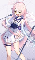 Rule 34 | 1girl, absurdres, ahoge, blue archive, bow, choker, eru daydream, halo, highres, hoshino (blue archive), idol, leg ribbon, looking at viewer, microphone, mischievous straight uniform (blue archive), music, one eye closed, open mouth, pink hair, pleated skirt, ribbon, sailor collar, singing, skirt, thighs, yellow eyes