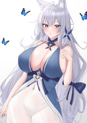 Rule 34 | 1girl, absurdres, ahoge, animal ears, azur lane, blue bow, blue choker, blue dress, blue eyes, blush, bow, breasts, bug, butterfly, choker, cleavage, commentary, covered navel, cowboy shot, curvy, dress, eyelashes, fox ears, grey hair, hair bow, hair ornament, highres, insect, kirin3145, large breasts, long hair, looking at viewer, parted lips, plump, shinano (azur lane), shinano (dreams of the hazy moon) (azur lane), simple background, sleeveless, sleeveless dress, solo, symbol-only commentary, very long hair, white background