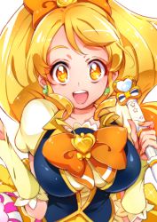 Rule 34 | 10s, 1girl, :d, blonde hair, bow, bowtie, breasts, brooch, chiyo (rotsurechiriha), cure honey, happinesscharge precure!, happy, heart, heart brooch, jewelry, large breasts, long hair, magical girl, nail polish, oomori yuuko, open mouth, precure, smile, solo, wand, wrist cuffs, yellow eyes