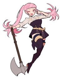 Rule 34 | 1girl, axe, blunt bangs, do m kaeru, female focus, fire emblem, fire emblem: three houses, full body, garreg mach monastery uniform, halberd, hilda valentine goneril, holding, holding axe, holding weapon, matching hair/eyes, nintendo, one eye closed, open mouth, pink eyes, pink hair, polearm, simple background, solo, twintails, v, weapon, white background, wink