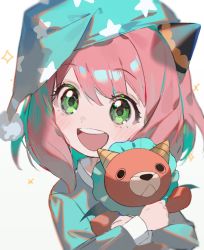 Rule 34 | 1girl, anya (spy x family), child, collared shirt, commentary request, green eyes, green hat, green pajamas, green shirt, hairpods, hat, highres, holding, holding stuffed toy, long sleeves, looking to the side, mizumi zumi, nightcap, open mouth, pajamas, pink hair, portrait, shirt, short hair, simple background, smile, solo, spy x family, stuffed animal, stuffed toy, teeth, white background