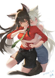 Rule 34 | 2girls, absurdres, alternate costume, animal ear fluff, animal ears, arknights, bandeau, bare shoulders, belt, black hair, black shorts, blush, closed eyes, closed mouth, collared shirt, cropped legs, dated, gloves, green necktie, grey shorts, highres, hug, hug from behind, lappland (arknights), long hair, long sleeves, multiple girls, necktie, official alternate costume, open mouth, ponytail, red eyes, red shirt, shirt, shorts, signature, simple background, smile, striped clothes, striped shorts, sweatdrop, tail, texas (arknights), texas (willpower) (arknights), twigy (2416427243), vertical-striped clothes, vertical-striped shorts, very long hair, white background, white gloves, wolf ears, wolf girl, wolf tail, yuri
