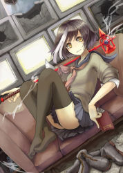 Rule 34 | 1girl, black hair, black thighhighs, book, boots, box sentou shoujo, broken, dutch angle, feet, hiiragi shou, monitor, multicolored hair, open mouth, original, over shoulder, reclining, school uniform, short hair, sitting, skinny, skirt, sleeves pushed up, slender, smile, smoke, solo, staff, sweater, thighhighs, two-tone hair, upskirt, weapon, weapon over shoulder, white hair, yellow eyes