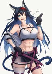 Rule 34 | 1girl, ;d, abs, absurdres, adapted costume, animal ears, arknights, bare shoulders, belt, black skirt, blaze (arknights), blue eyes, blue hair, breasts, cat ears, cat girl, cat tail, cleavage, collarbone, commentary, cowboy shot, crop top, fangs, grey background, hair between eyes, hairband, highres, jacket, kimmy tsunami, large breasts, long hair, looking at viewer, midriff, miniskirt, navel, off shoulder, one eye closed, open clothes, open jacket, open mouth, pencil skirt, pouch, purple belt, red hairband, simple background, single thighhigh, skirt, smile, solo, standing, star (symbol), stomach, tail, tank top, thigh strap, thighhighs, thighs, very long hair, white jacket, white tank top, white thighhighs