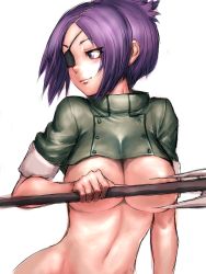 Rule 34 | 00s, 1girl, bottomless, breasts, censored, chrome dokuro, convenient censoring, crop top, curvy, eyepatch, fumio (rsqkr), katekyo hitman reborn!, large breasts, purple eyes, purple hair, short hair, sketch, solo, staff, underboob
