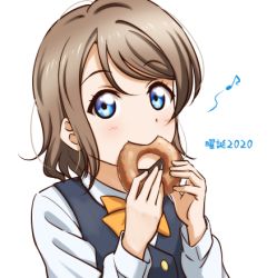 Rule 34 | 1girl, anibache, birthday, blue eyes, blush, commentary, doughnut, eating, food, grey hair, long sleeves, love live!, love live! sunshine!!, lowres, short hair, sidelocks, solo, translation request, upper body, watanabe you, white background