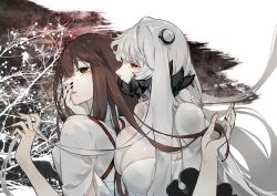 Rule 34 | 2girls, abyssal ship, akagi (kancolle), bad id, bad pixiv id, bare shoulders, black nails, breast press, breasts, brown eyes, brown hair, cleavage, collarbone, commentary, covered mouth, dress, fingernails, hand in own hair, hand on another&#039;s face, horns, japanese clothes, kantai collection, kimono, long hair, midway princess, multiple girls, nail polish, neko (ganecooo), pale skin, parted lips, red eyes, red ribbon, ribbon, tasuki, tree, upper body, very long hair, white dress, white hair, white kimono