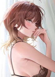 Rule 34 | 1girl, aketa mikoto, ame (uten cancel), bare shoulders, bra, breasts, brown eyes, commentary, highres, idolmaster, idolmaster shiny colors, large breasts, lips, messy hair, multicolored hair, nail polish, parted lips, red hair, reversed, short hair, sideboob, solo, two-tone hair, underwear