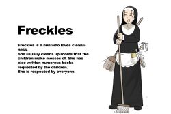 Rule 34 | 1girl, :d, apron, black footwear, black hair, broom, character profile, closed eyes, diva (hyxpk), english text, freckles, freckles nun (diva), habit, highres, little nuns (diva), nun, open mouth, simple background, smile, solo, traditional nun, waist apron, white background