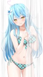 Rule 34 | 1girl, :q, absurdres, ahoge, aqua bikini, bare arms, bare shoulders, bikini, blue hair, blush, breasts, cleavage, closed mouth, colored tips, commentary request, cowboy shot, curtain grab, curtains, flower, front-tie bikini top, front-tie top, hair flower, hair ornament, half updo, halterneck, heart, heart ahoge, highres, hololive, jewelry, large breasts, long hair, looking at viewer, multicolored hair, navel, necklace, norio (noriosub), plaid, plaid bikini, pointy ears, side-tie bikini bottom, smile, solo, stomach, streaked hair, swimsuit, tongue, tongue out, virtual youtuber, white flower, yellow eyes, yukihana lamy