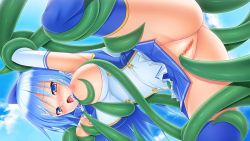 Rule 34 | artist request, blue eyes, blue hair, breasts, censored, character request, elbow gloves, game cg, long hair, magical girl, mosaic censoring, no panties, skirt, source request, spread legs, tentacles, thighhighs