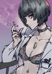 Rule 34 | 1girl, black choker, black hair, black nails, blush, bra, breasts, brown eyes, choker, cigarette, cleavage, coat, female focus, highres, holding, holding cigarette, jewelry, lab coat, looking at viewer, medium breasts, nail polish, navel piercing, necklace, persona, persona 5, piercing, poechan chan, short hair, sitting, smile, smoke, solo, spiked choker, spikes, takemi tae, underwear, white coat