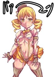 Rule 34 | &gt;:), 10s, 1girl, adapted costume, beret, blonde hair, breasts, drill hair, gedou danshaku, gluteal fold, hat, kamui (kill la kill), kill la kill, magical girl, mahou shoujo madoka magica, mahou shoujo madoka magica (anime), navel, solo, striped clothes, striped thighhighs, thighhighs, tomoe mami, twin drills, underboob, v-shaped eyebrows, vertical-striped clothes, vertical-striped thighhighs, yellow eyes