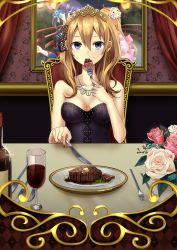 Rule 34 | 1girl, absurdres, ahoge, alcohol, bare shoulders, black dress, black eyes, black hair, bottle, breasts, brown eyes, brown hair, chair, cleavage, collarbone, cotton candy, cup, dress, drinking glass, eating, fingernails, flower, food, fork, glint, hair between eyes, hair ornament, highres, holding, indoors, japanese clothes, jewelry, kimono, knife, lampion, lantern, long hair, looking at viewer, mask, mask on head, medium breasts, multiple girls, nail polish, necklace, night, night sky, off-shoulder dress, off shoulder, open mouth, original, paper lantern, photo (object), plate, pov across table, red nails, rose, shaved ice, side ponytail, sky, solo, steak, strapless, strapless dress, summer festival, tiara, vase, wallpaper (object), wine, wine bottle, wine glass, yukata, yuusa